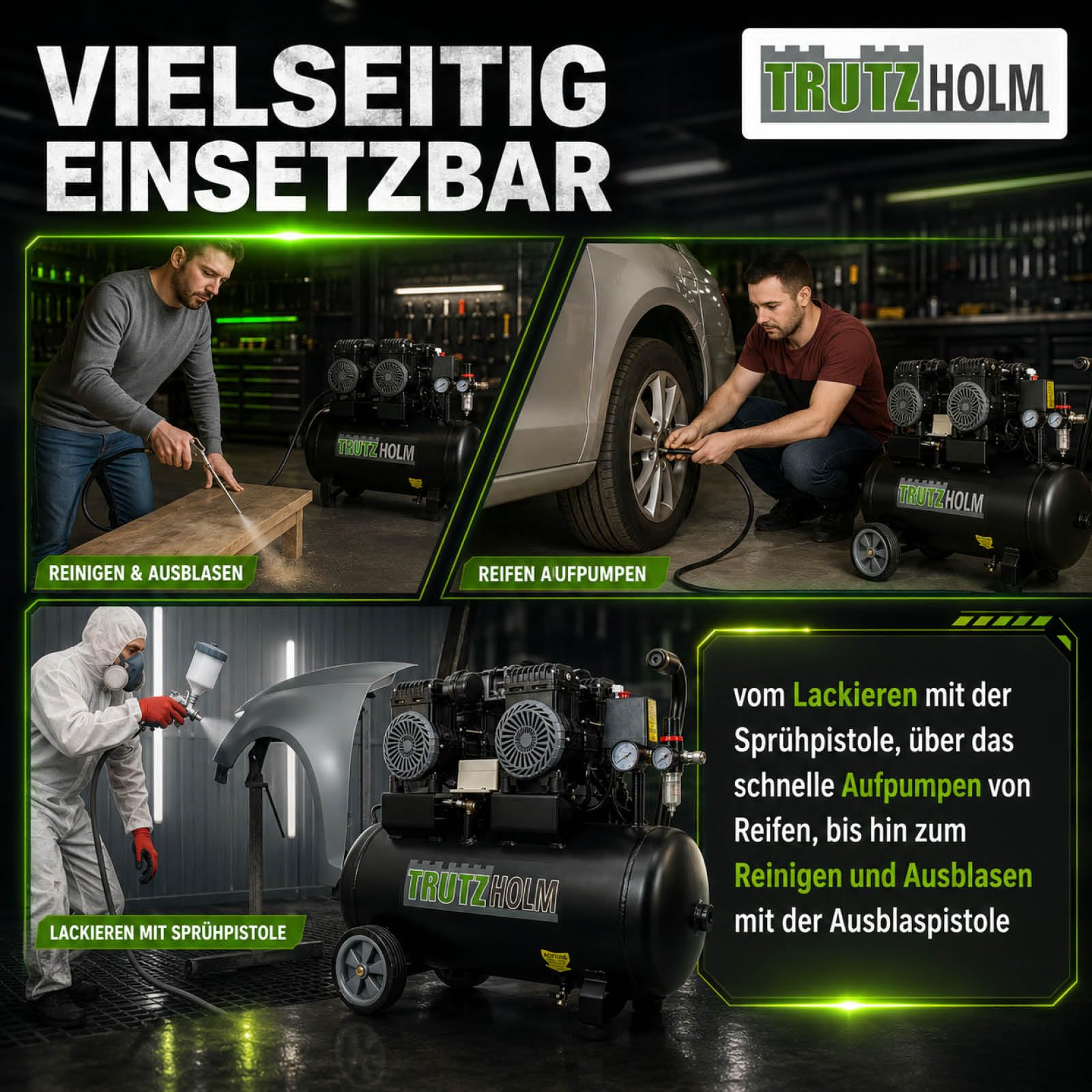 TRUTZHOLM Flüsterkompressor 50L ölfrei | 57 dB(A) Silent Kompressor für Werkstatt & Garage | 1800 W Brushless 2x900W, 8 bar, 290 l/min | wartungsfreier Druckluftkompressor