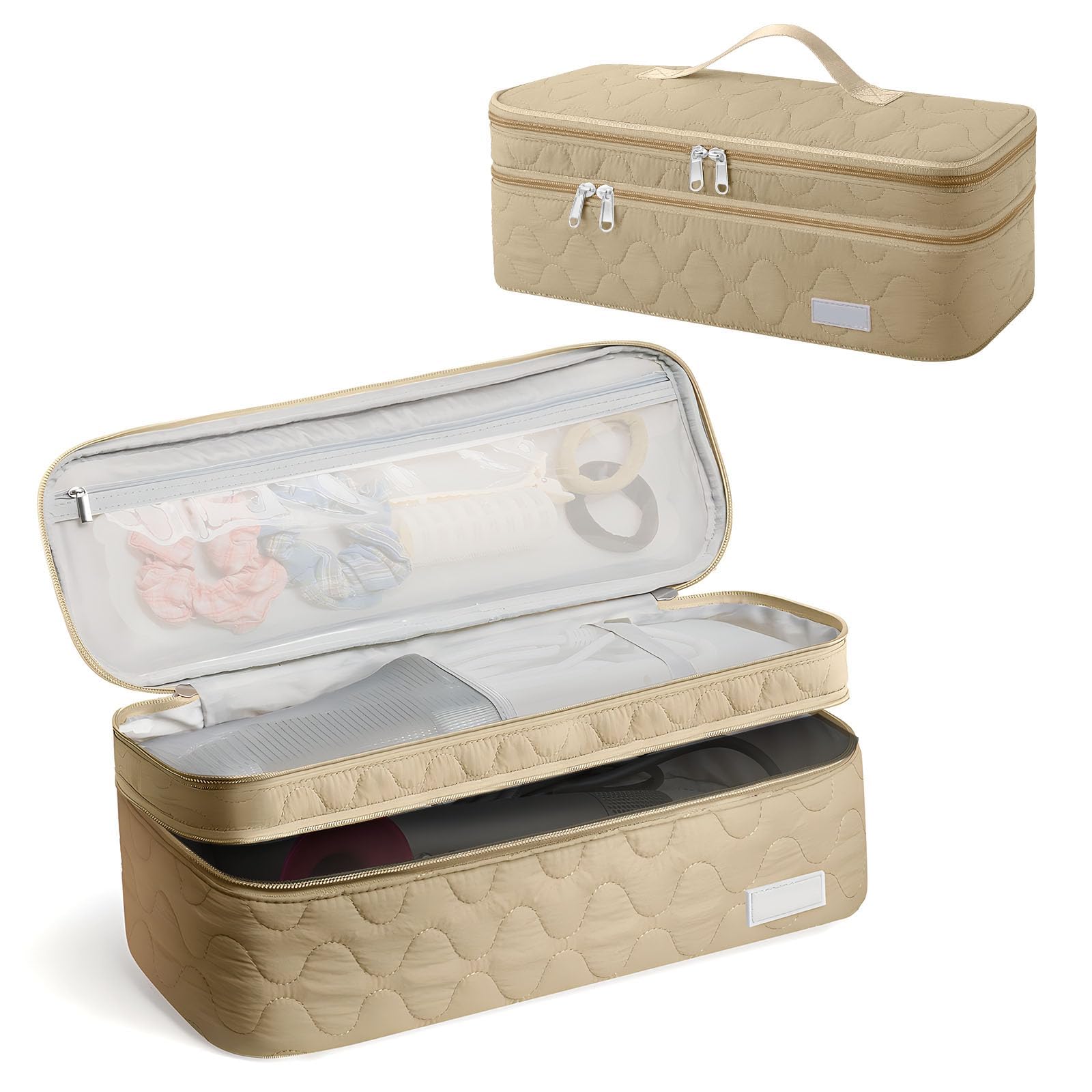 ExceforeDual Layer Travel Carrying Case Compatible with Dyson Hair Dryer, Carrying Case for Revlon One-Step Hair Dryer/Hot Tool/Styler/Stylist, Compatible with Shark FlexStyle Attachments (Khaki)