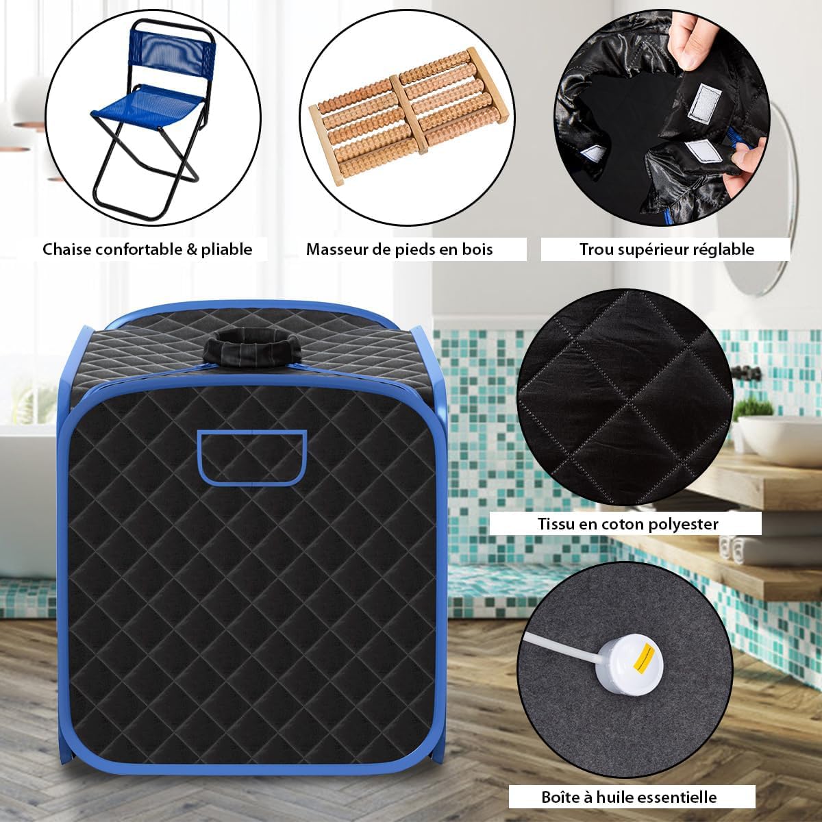 RELAX4LIFE Sauna à Vapeur Portable 2L 1000W, Cabine de Sauna Pliable à Domicile avec 9 Températures Ajustables, Tente de Spa avec Rouleau de Massage, Télécommande pour Détoxification (Noir)