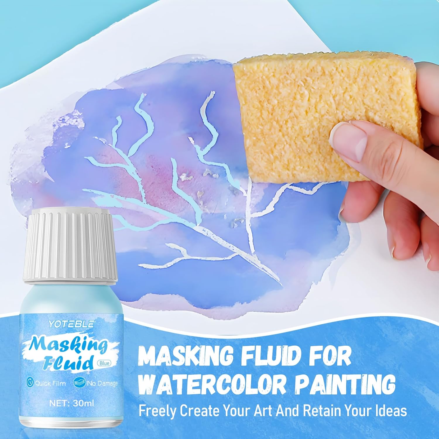Blue Watercolor Masking Fluid, Easy to Remove - Fast Drying, Masking Fluid for Watercolor Painting for Artists, Painting Medium, Including 5 Silicone Pens & Liquid Masking Tape & Eraser, 30ml