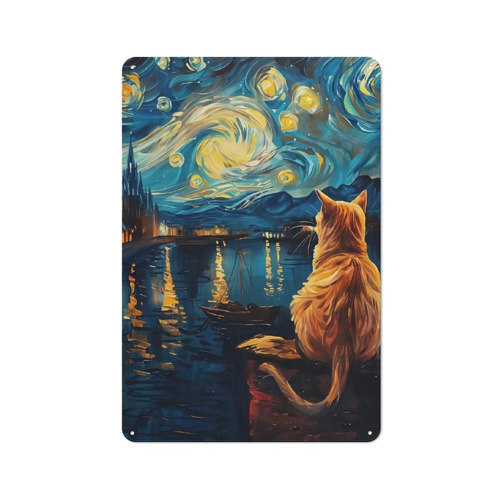 Cat Under Starry Night Metal Wall Sign 30x20cm, Nostalgic Classic Pub Decor for Pub, Home Bar, Shed Or Man Cave