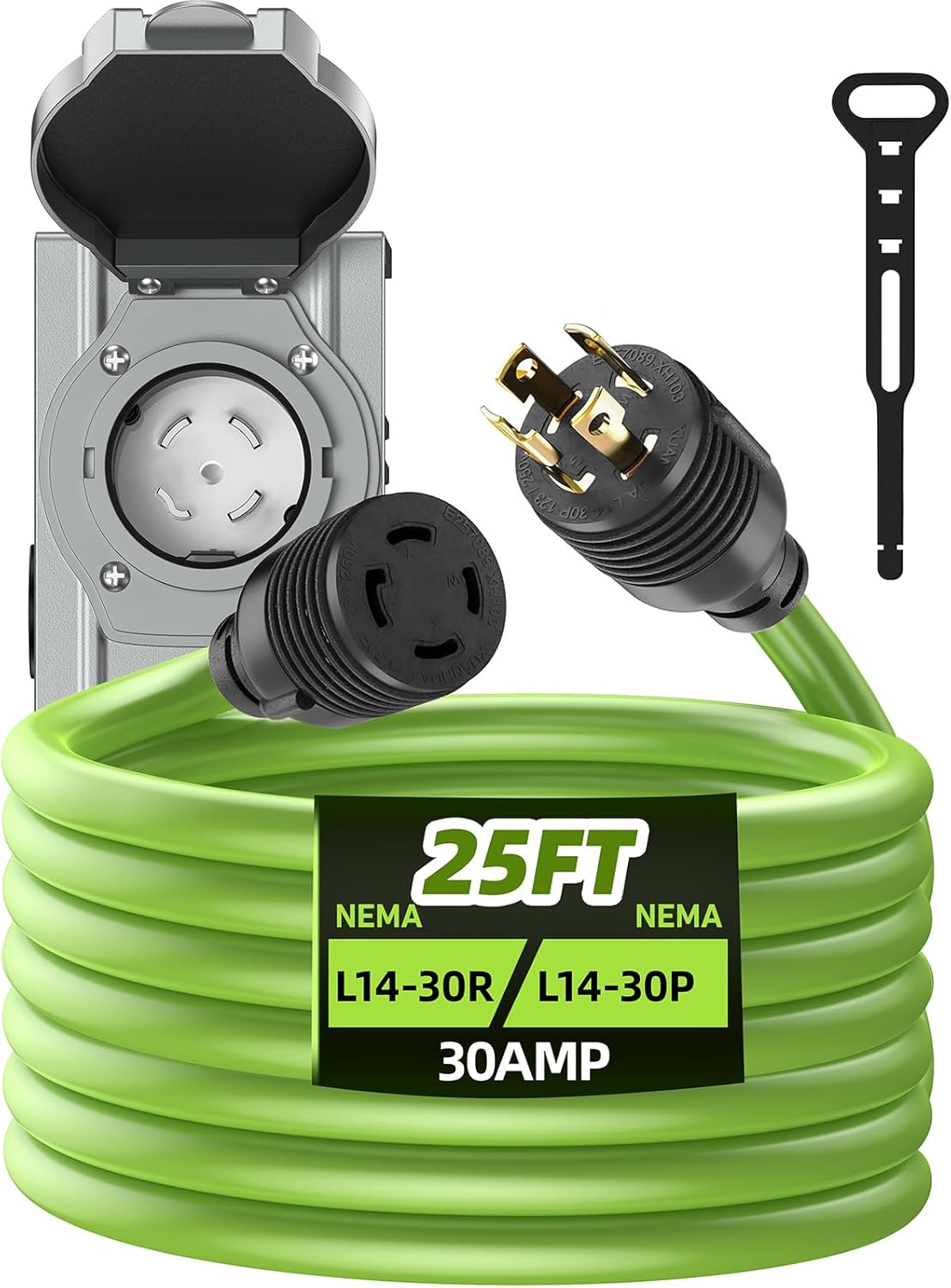30 Amp Generator Cord 25 Feet and Power Inlet Box, RV Extension Cord, NEMA L14-30P/L14-30R Twist Lock Connector, 125/250V 7500W Generator Cable, 10 Gauge SJTW Generator to House Power Cord, ETL Listed 25FT Cord & Box 30 Amp