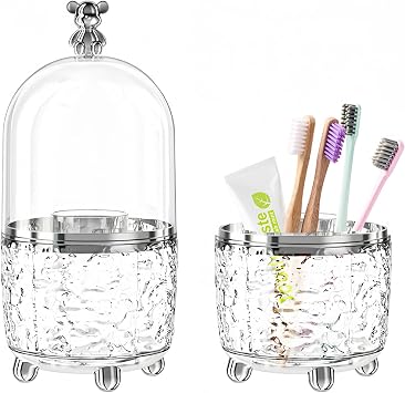 Multifunctional Rotating Toothbrush Holders with Lid, Bathroom Countertop Accessories Vanity Organizer for Tooth Brush, Toothpaste, Razor and Makeup Brushes Holder Storage