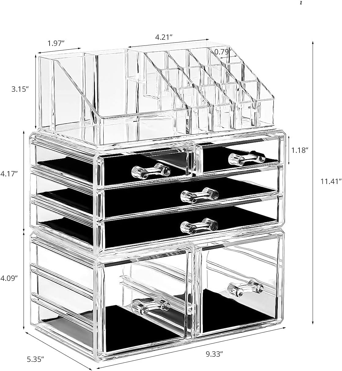 DreamGenius Makeup Organizer 3 Pieces Acrylic Cosmetic Storage Drawers Organizer for Vanity and Bathroom, Stackable Cosmetic Organizer Countertop with 6 Drawers
