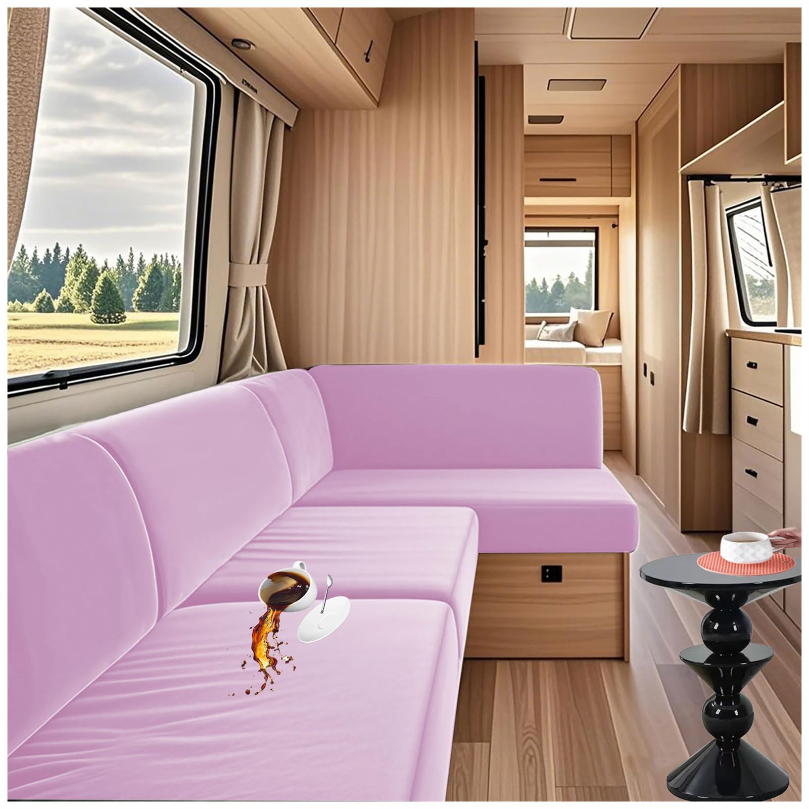 ZGDDPZA RV Sofa Cushion Covers Replacement Stretch Velvet Water-Resistant Caravan Seat Slipcovers with Elastic Band With 2 placemats for Motorhome Indoor Outdoor (Dark pink,45 * 45cm pillowcase)