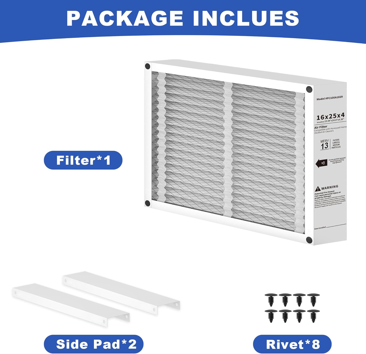2 Pack 16x25x4 Air Filter Replacement Compatible with Honeywell FC100A1029 Pleated HVAC, MERV 13 Furnace Filter, Foldable Design (Actual Size: 15.94 x 24.86 x 4.38 Inches)