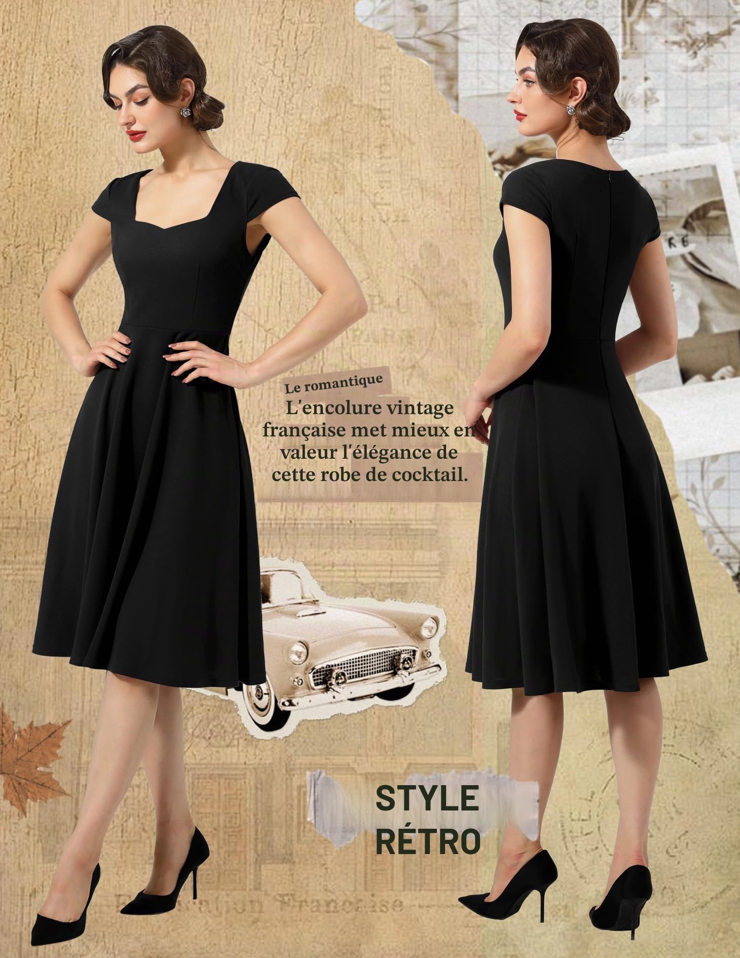 BeryLove Robe de cocktail pour femme - Élégante - Vintage - Rockabilly - Col en cœur - Robe de soirée midi