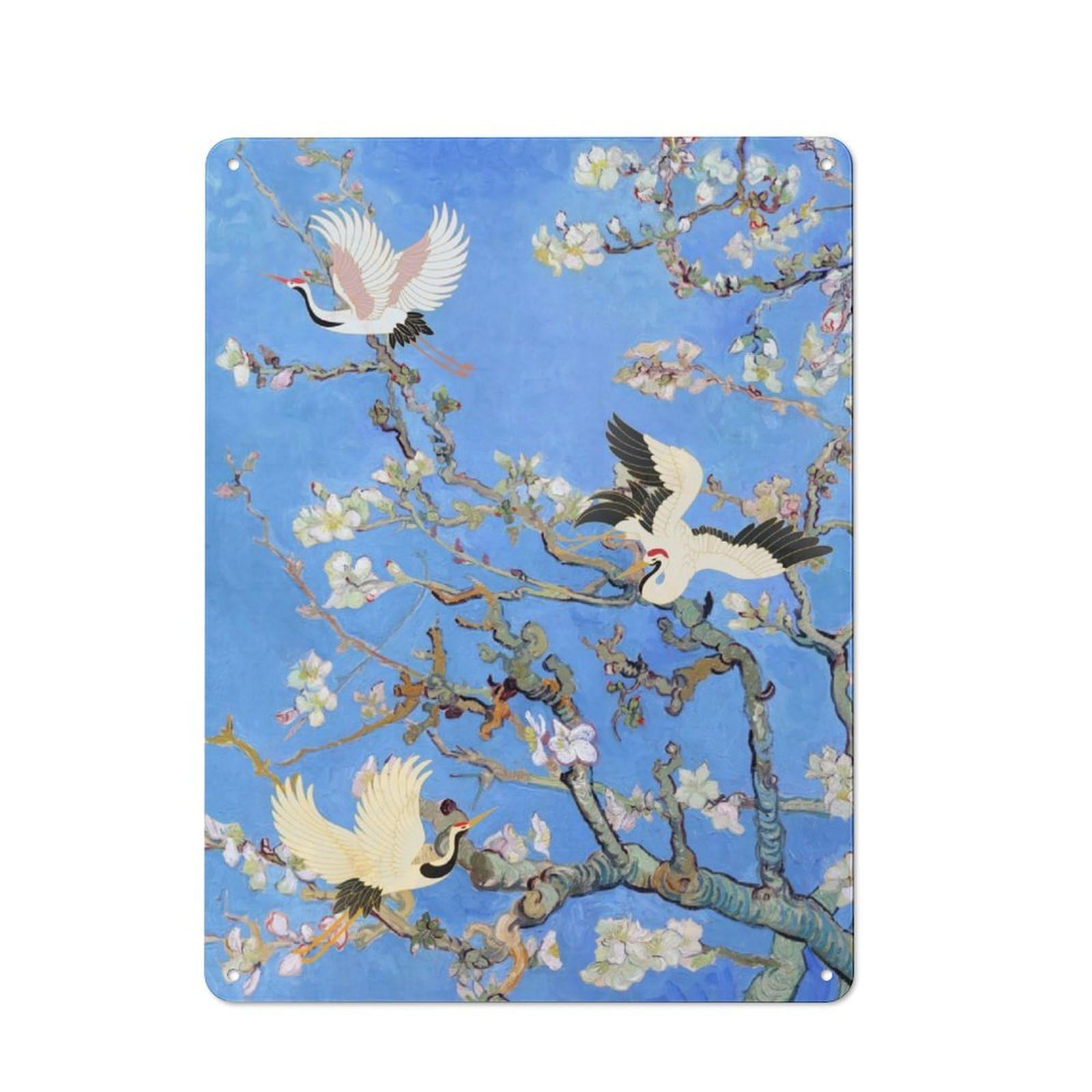 Junmoney Almond Blossom Cranes Bird Printed Metal Sign 40X30cm For Living Room Or Hallway, A Decorative Christmas Gift For Living Room Decor Lovers