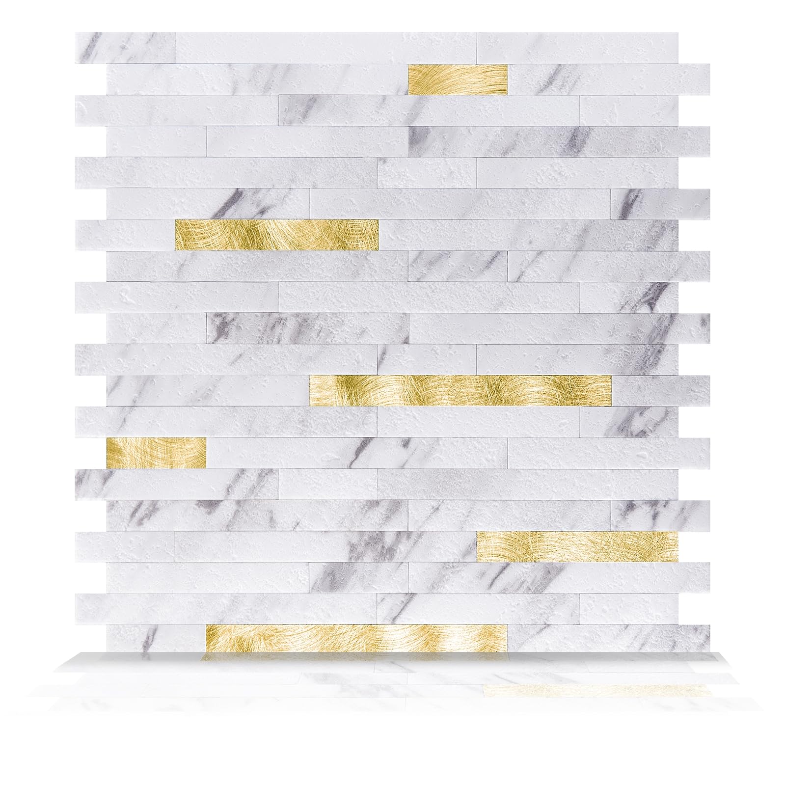 10-Sheet Peel and Stick Stone Overlay Kitchen Backsplash Tile - Volakas White Embellished with Metal Gold