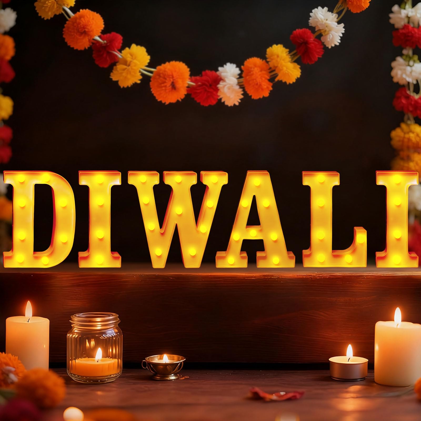 Fogcosy White Diwali Light Up Letters Sign - 6.3 Inch Led Lights Batteries Powered Diwali Decorations For Mandir Indian Hindu Pooja Puja Party Festival Gifts, Warm Light Up Letters