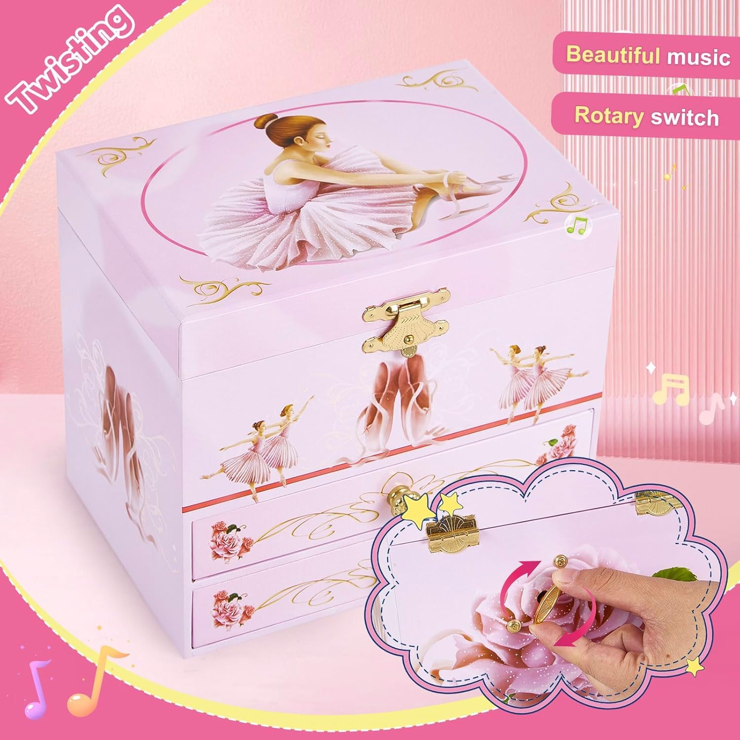 Joyero musical para niñas con 2 cajones, caja de música de regalo para niñas con bailarina giratoria para edades de 3 a 12 años, almacenamiento de joyas para niños