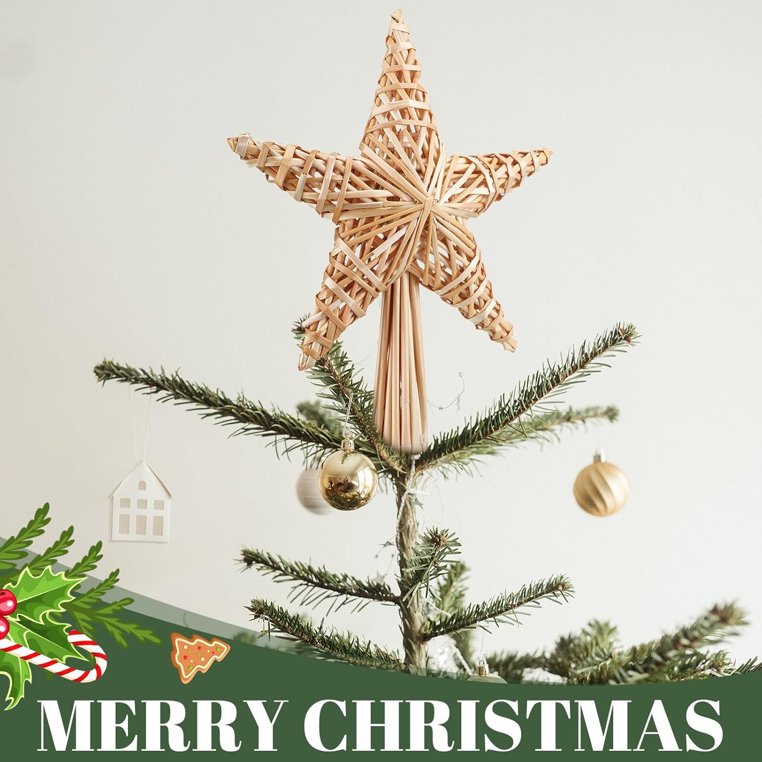 Christmas Straw Star Tree Topper 10 x 12 in Scandinavian Tree Topper Straw Ornaments Swedish Nordic Boho Tree Topper Xmas Tree Decor for Office Home Indoor Desktop Adults Natural Rustic Decor