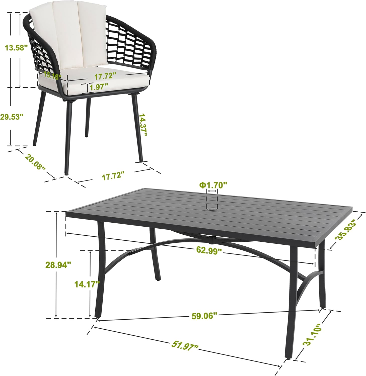 NUU GARDEN 7 Piece Outdoor Patio Dining Set, Aluminum Rectangle Patio Table with Umbrella Hole and 6 Woven Rope Chairs with Cushions for Lawn Backyard Balcony, Black and Beige