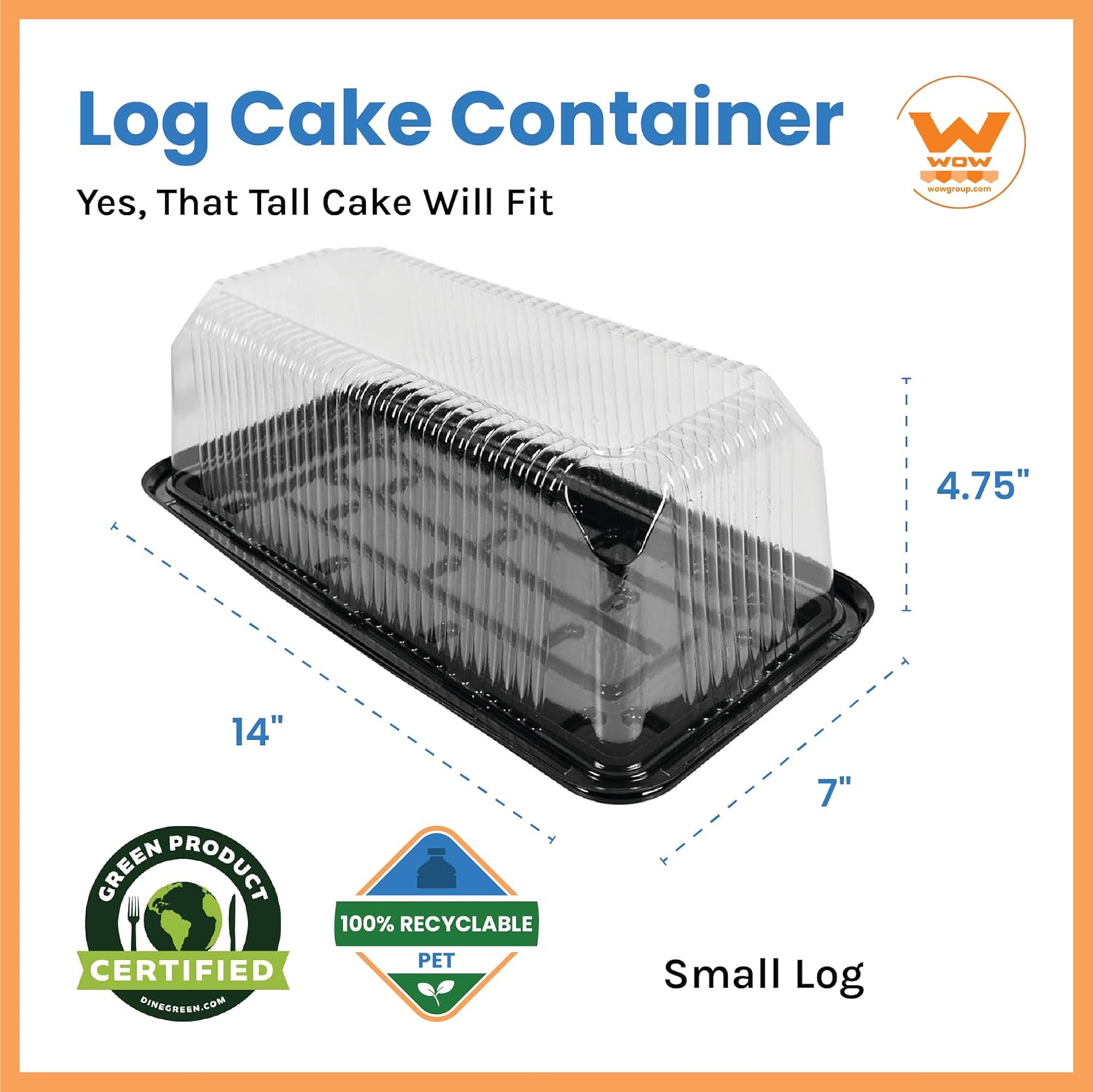 Wow Plastics Small Log Rectangular Cake Box – 25-Pack Dessert Boxes & Cake Container – 14.0″ x 7.0″ x 4.75″ – Clear Plastic Container with Lid & Secure Hold