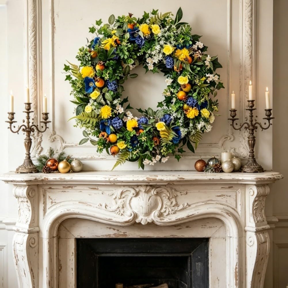 KiraKira Couronne de printemps verte et bleue de 45 cm, guirlande de fleurs artificielles en soie pour porte, mur, intérieur, extérieur, décoration saisonnière