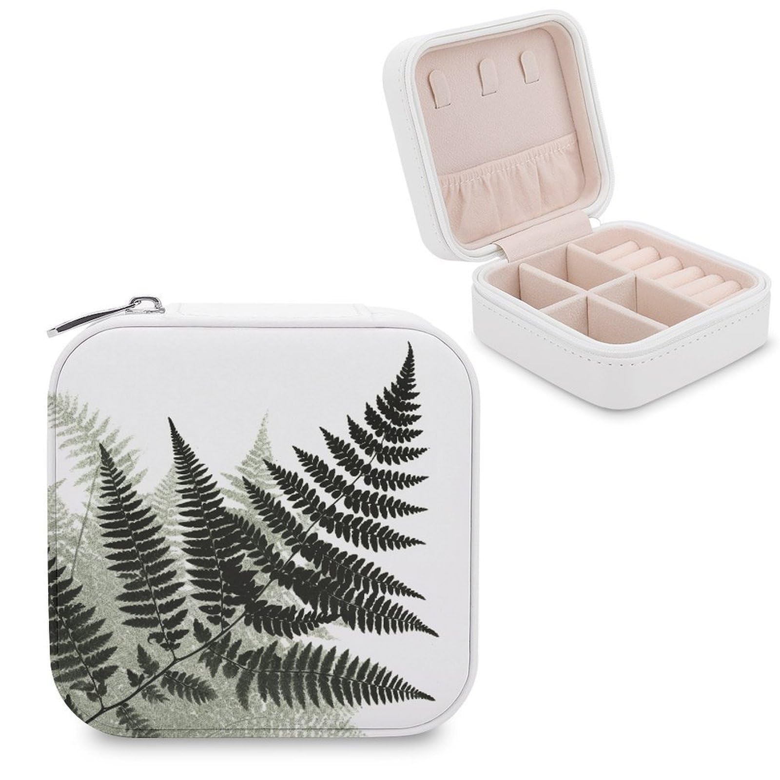LZQPOEAS Natural Plant Silhouette Fern Leaf Jewelry Box, PU Patterned Storage Case, Portable Travel Jewelry Organizer Box for Storing Rings, Pendants, Earrings, Necklaces, And Women's Specialized