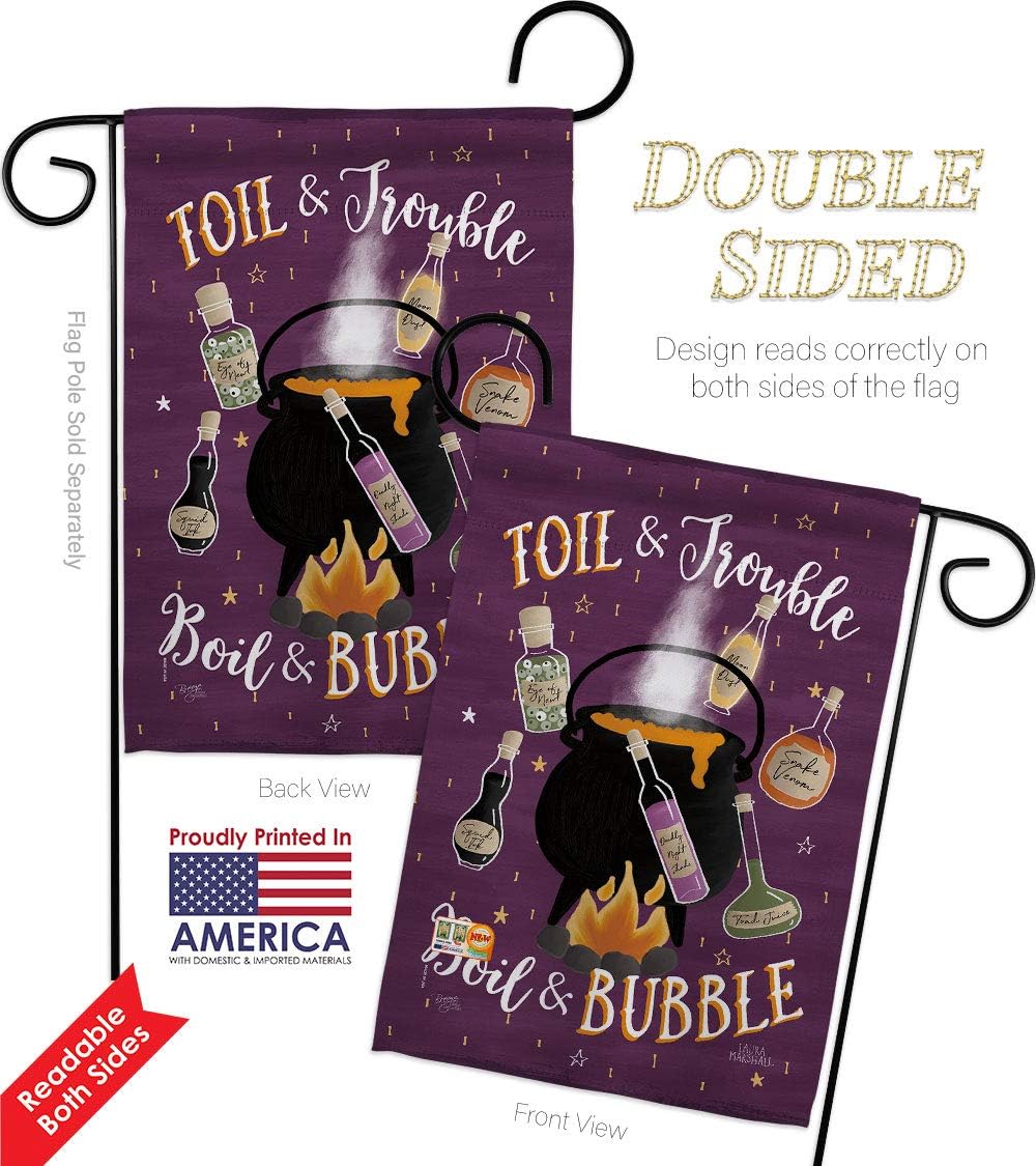 Toil And Trouble Garden Flag - Pack Fall Halloween Witch Trick or Treat Spooky Night Black Cat Season Autumntime Pumpkin USA Vintage Applique - House Banner Small Yard Gift Double-Sided 13 X 18.5