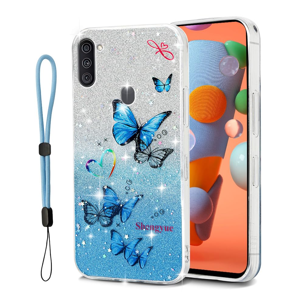 shengyue for Samsung Galaxy A11 Case with Lanyard,The Stars are Covered with a Glittering Butterfly Pattern for Samsung Galaxy A11 Phone Case (Blue)