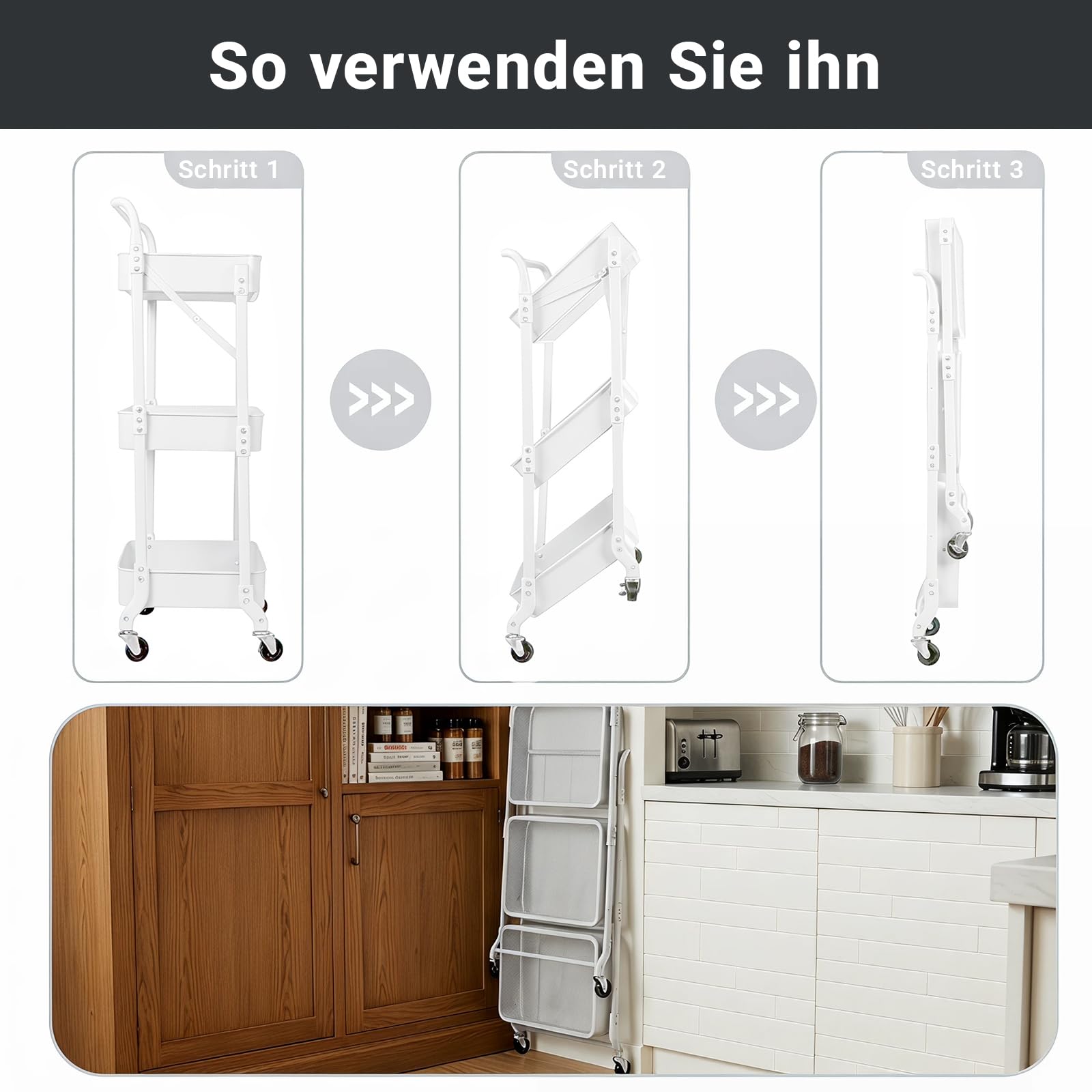 Amatic Carrello da cucina pieghevole a 3 ripiani, carrello da cucina, carrello da cucina, carrello da cucina, carrello da cucina, carrello per salone, bianco, 45 x 31 x 93 cm