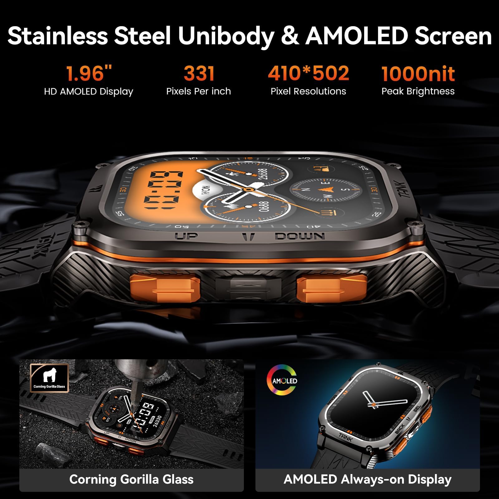 KOSPET Tank M3 Ultra Smart Watch with GPS, 1.96'' AMOLED HD Display, 480mAh Large Battery, 5ATM&IP69 Waterproof, AI Voice Assistant, Rugged Military Full Metal Body Smartwatch for Android iOS (Black)