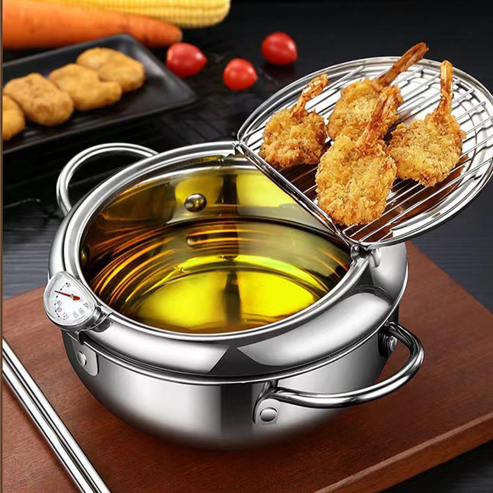 Friggitrice in acciaio | Con termometri Cucina a induzione domestica – | Pentola in acciaio grande friggitrice per cucinare patatine fritte croccanti e deliziose