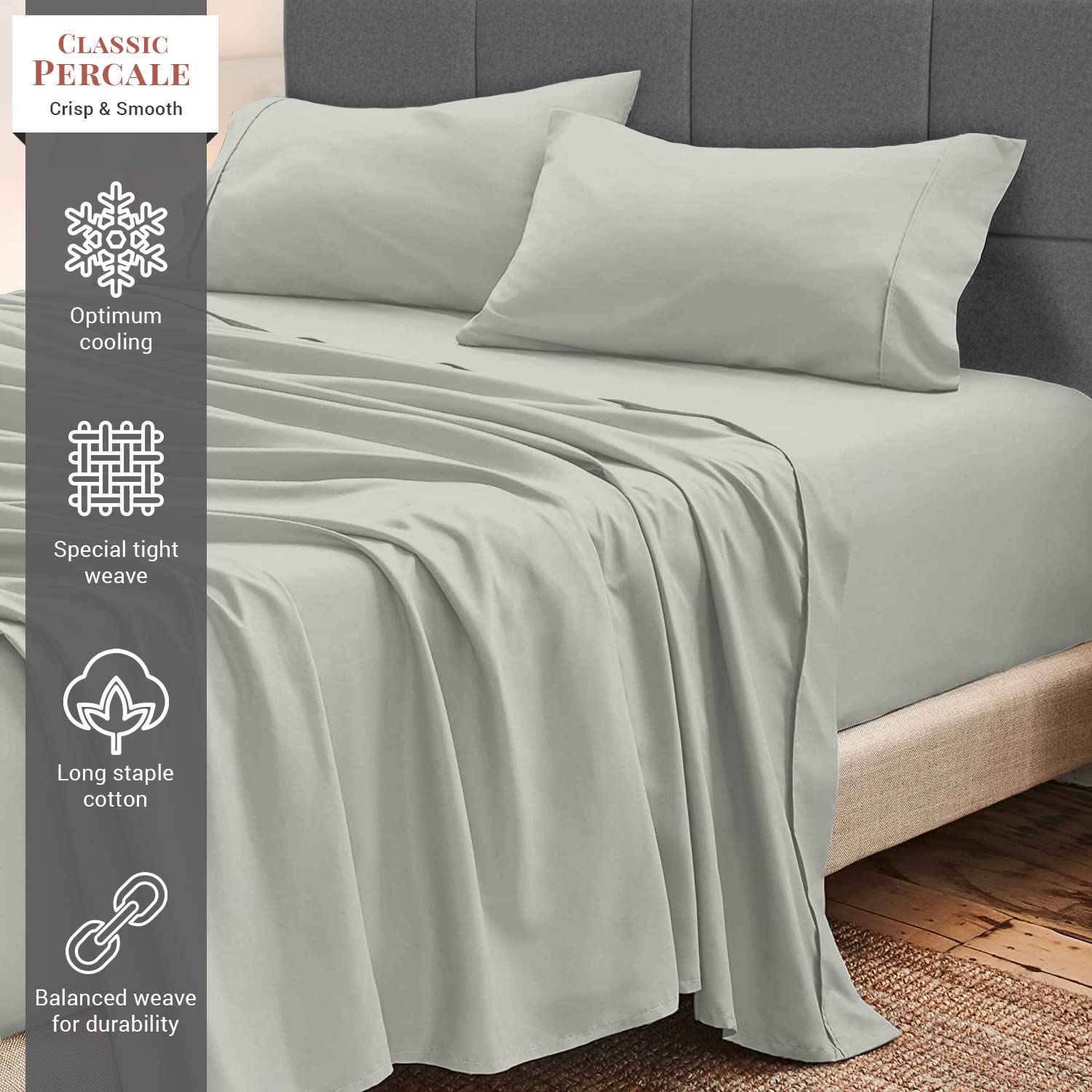 Pizuna Cotton Percale King Size Sheet Set Silver, 100% Long Staple Combed Cotton Bedding Set 275x280 cm - Image 2