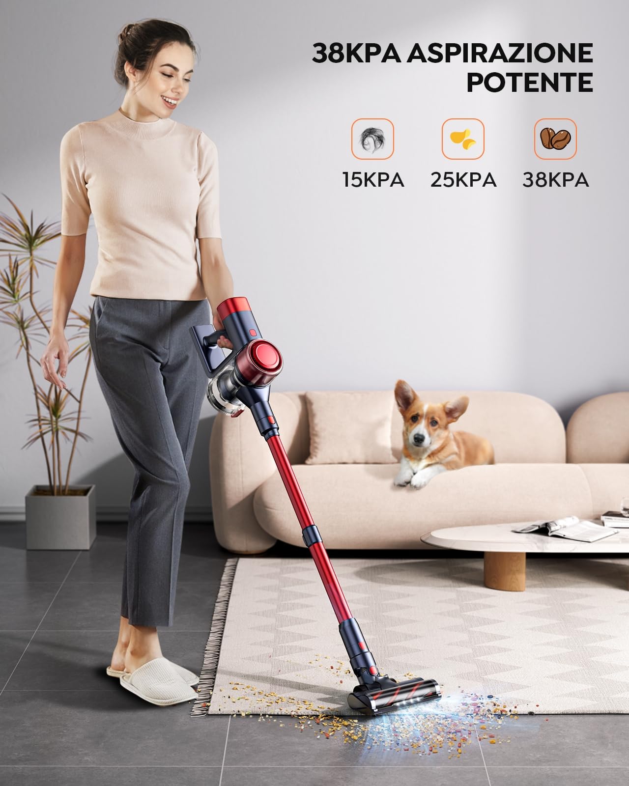 Aspirapolvere Senza Fili 450W/38KPa, 12 Esperienze di Pulizia Scopa Elettrica Senza Fili, Rilevazione Automatica della Polvere, 55Mins Touchscreen Anti-avvolgimento Aspirapolvere Potente