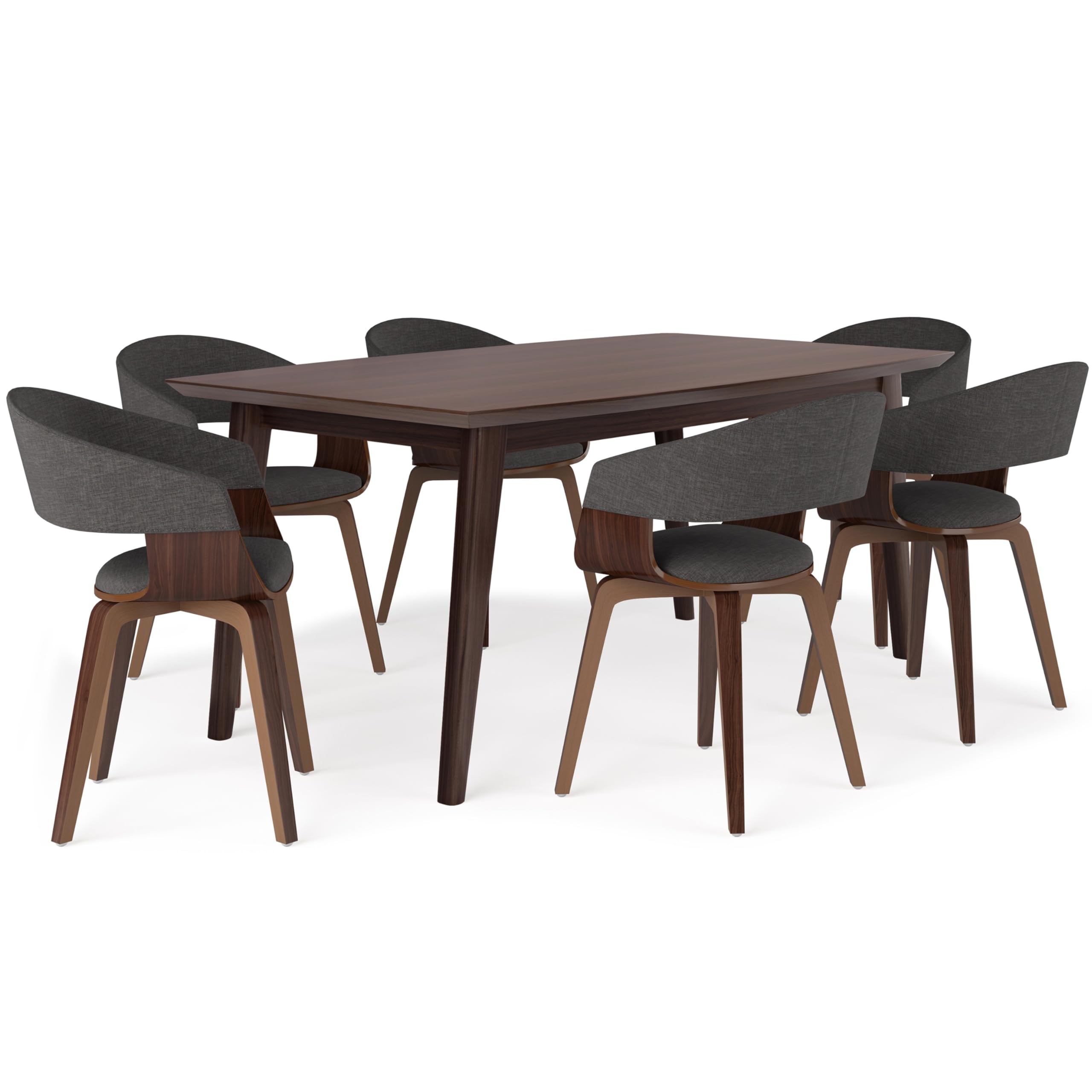 SIMPLIHOME Lowell/Draper Mid Century Modern Set with 6 Upholstered Bentwood Chairs Linen Look Fabric and 66 inch Wide Table for The Dining Room and Kitchen, 7 Pc, Charcoal Grey