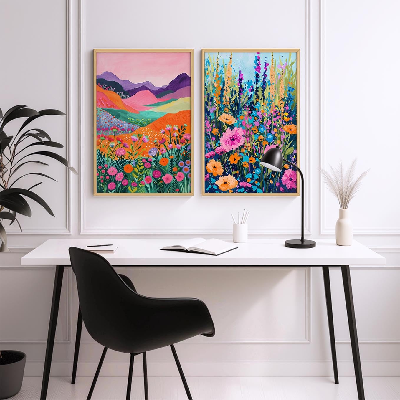 SoulAbiti Vibrant Floral Landscapes Framed Wall Art Print Set of 2 12x18 inch Light Brown Frame Plexi-Glass Pop Art Prints Home Living Room Bedroom Office Décor 1