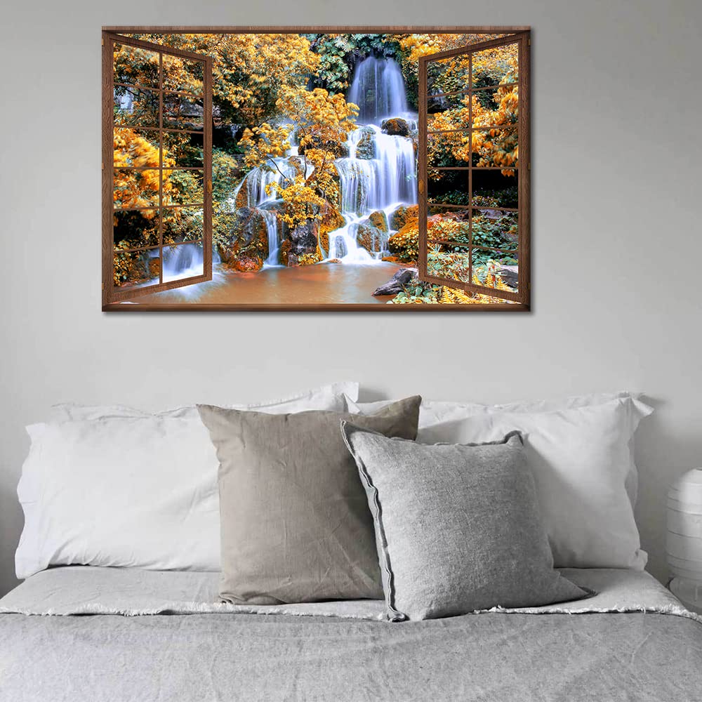 3D Open Wooden Window Wall Art Canvas Waterfall View Print Paintings Framed Home Decor Paintings to Hang on Walls for Living Room Bathroom Ready to Hang 16x24inch - Image 2