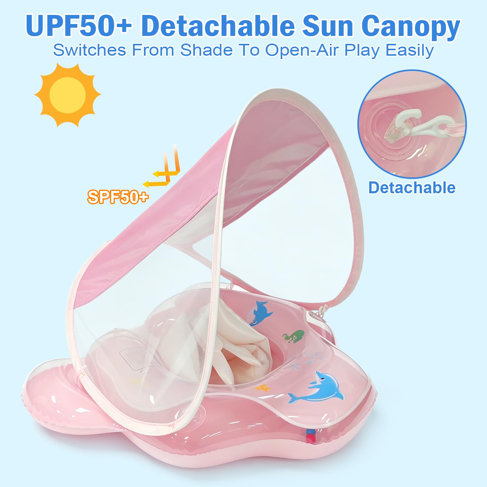 Flotador De Bebé Con Toldo Solar UPF 50+ – Tiburón Rosa Antivuelco Para Niños De 12 A 36 Meses, Con Arnés De Seguridad Y Bomba Manual