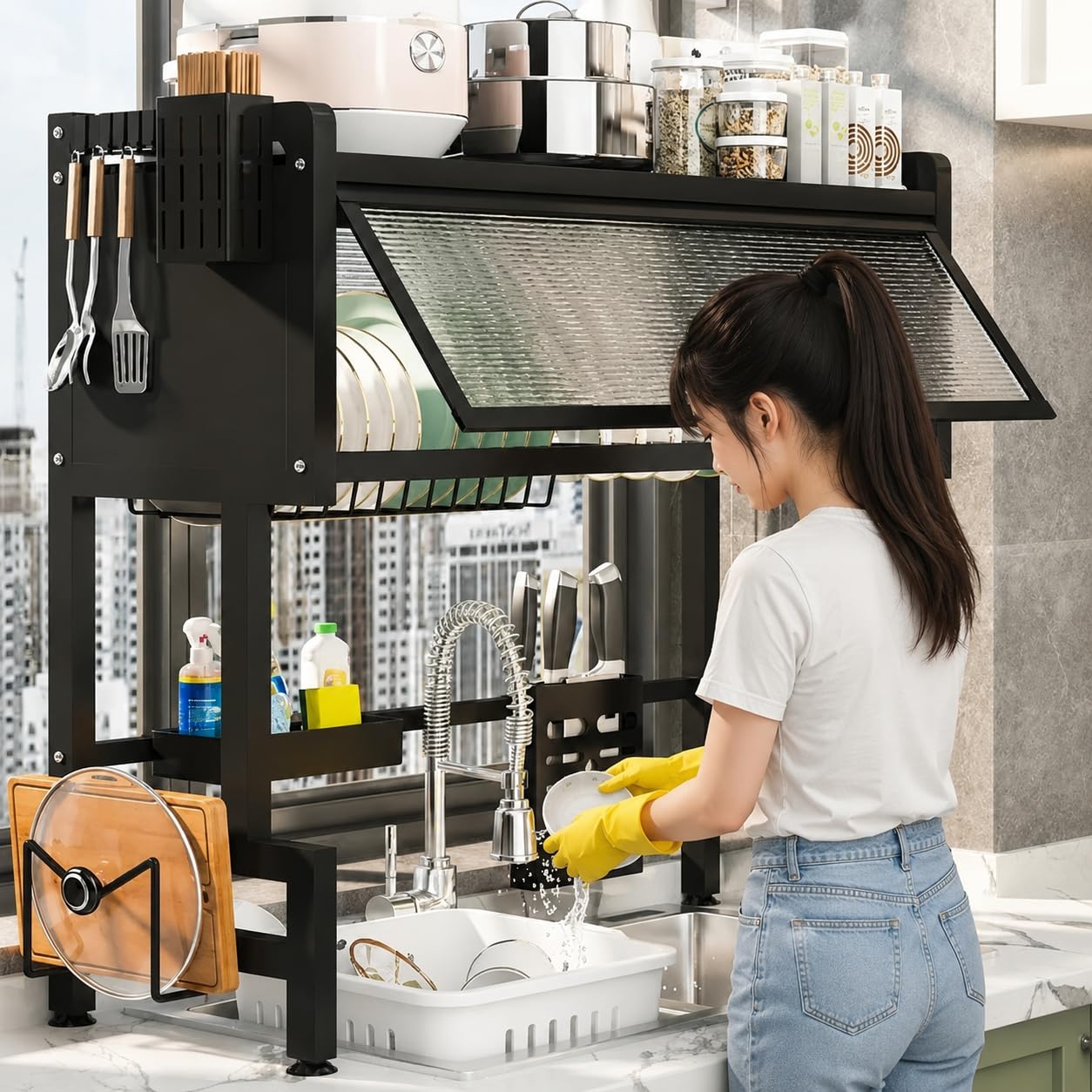 Hukimoyo 65 Cm Over Sink Dish Drying Rack Stainless Steel Kitchen Sink Organizer with Utensil Holder Plate Bowl Drainer Stand Space Saving Over the Sink Storage Rack for Counter (65L*27W*79H)-image-8