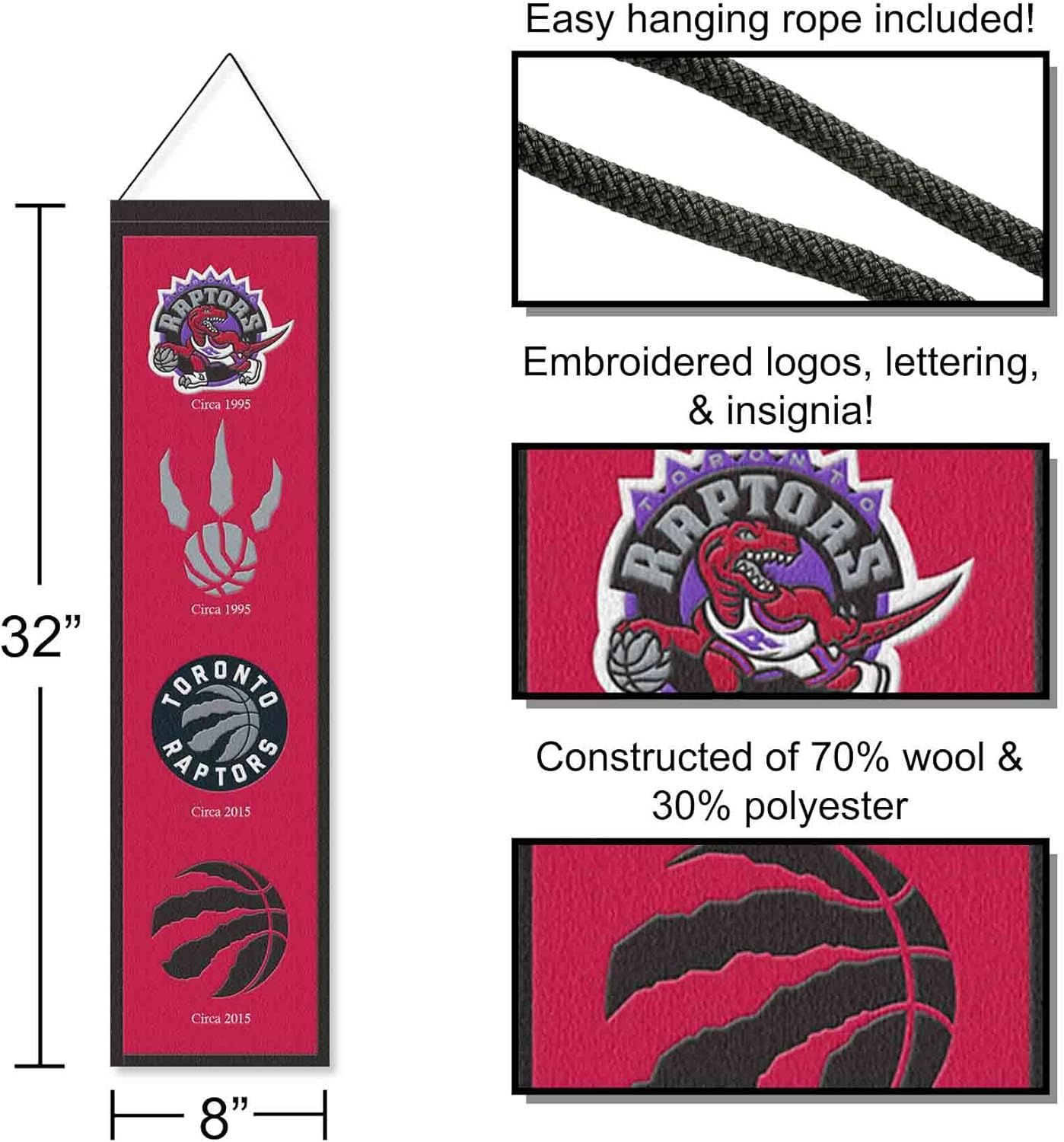 WinCraft Toronto Raptors Evolution 8x32 Inch Vertical Wool Embroidered Hanging Banner
