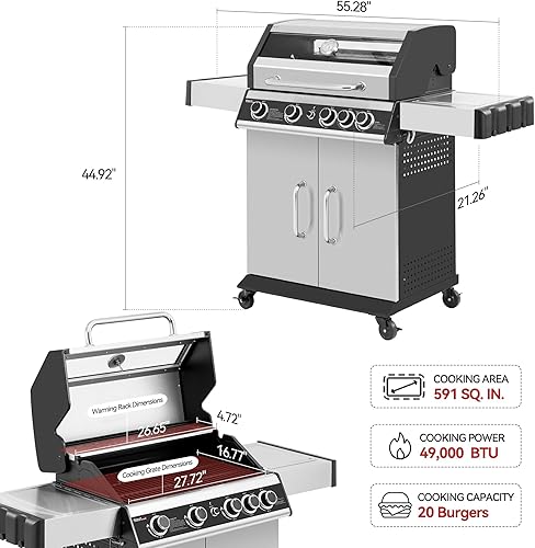 Miniatura 2 de Parrilla de gas propano de 4 quemadores con quemador lateral, parrilla estilo gabinete con ventana de visualización de vidrio, rejilla de hierro