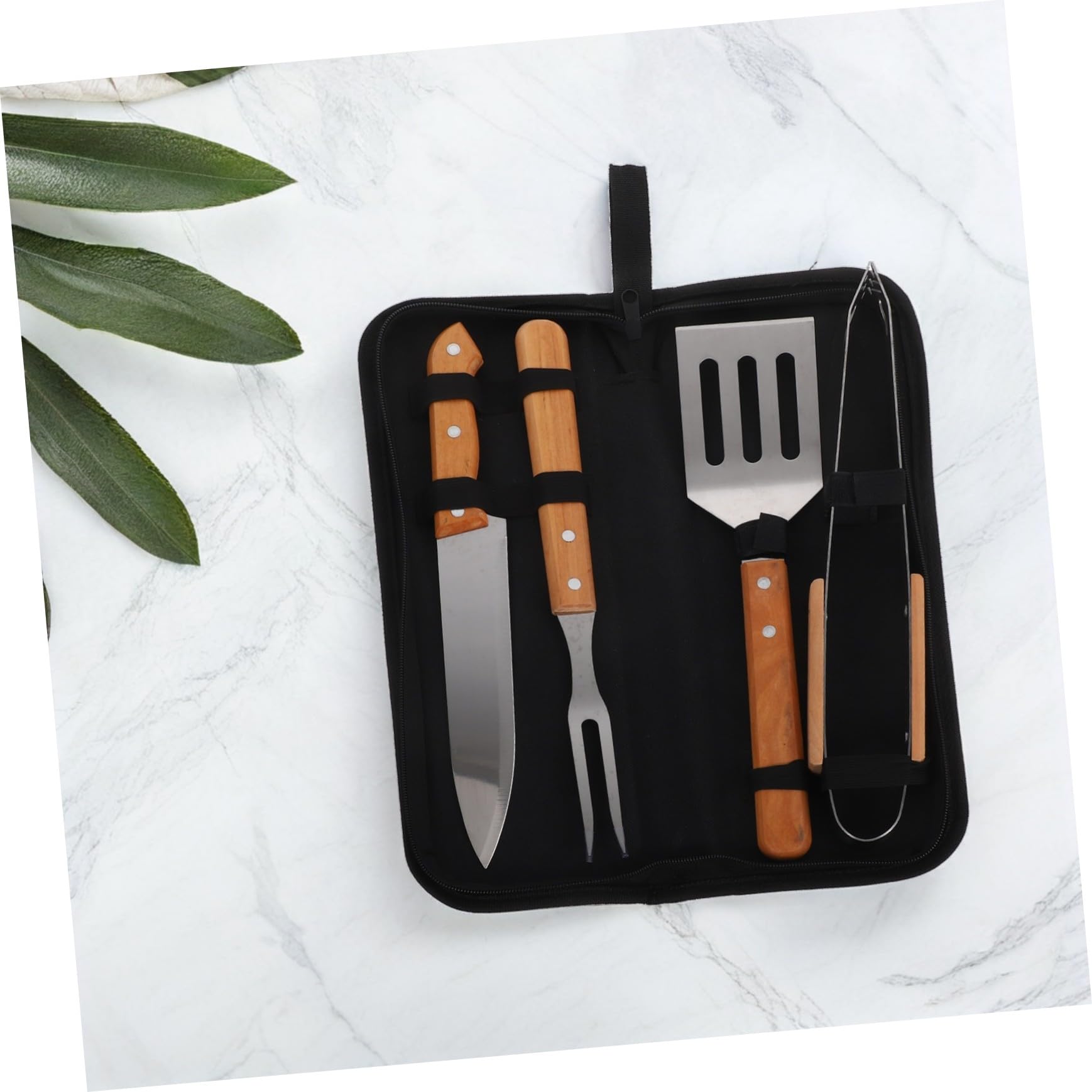 Grillbesteck mit Holzgriff Teiliges BBQ Zubehör für Outdoor Camping und Garten Tragbares Grillwerkzeug mit Spatel Zange und Messer im Praktischen Transportbeutel