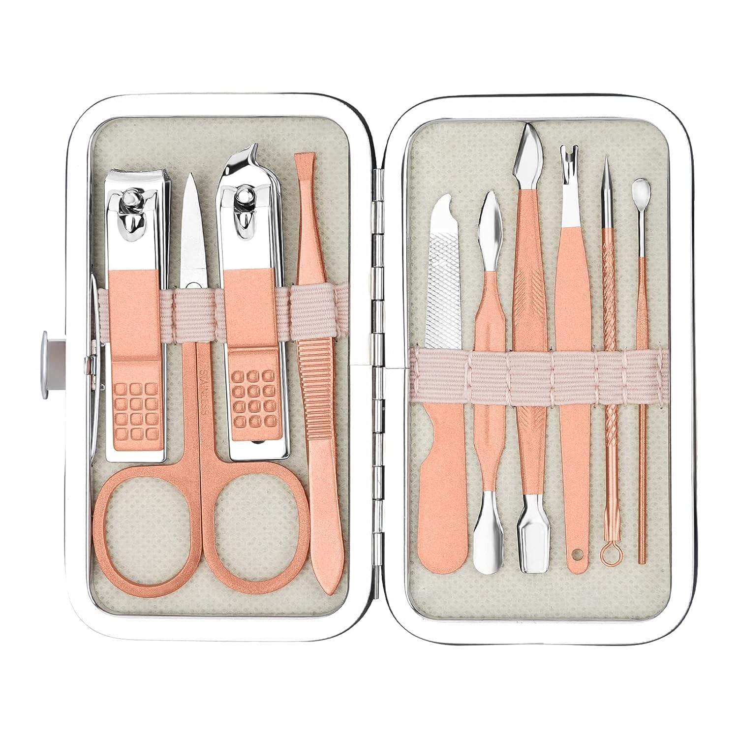 BEYOND BASIC 10 in 1 Manicure Set Nail Clippers Stainless Steel Nail Scissors Grooming Kit with Peeling Knife, Nail Cleaning Knife, needle, Blackhead Tool Travel Case (Baby Pink)