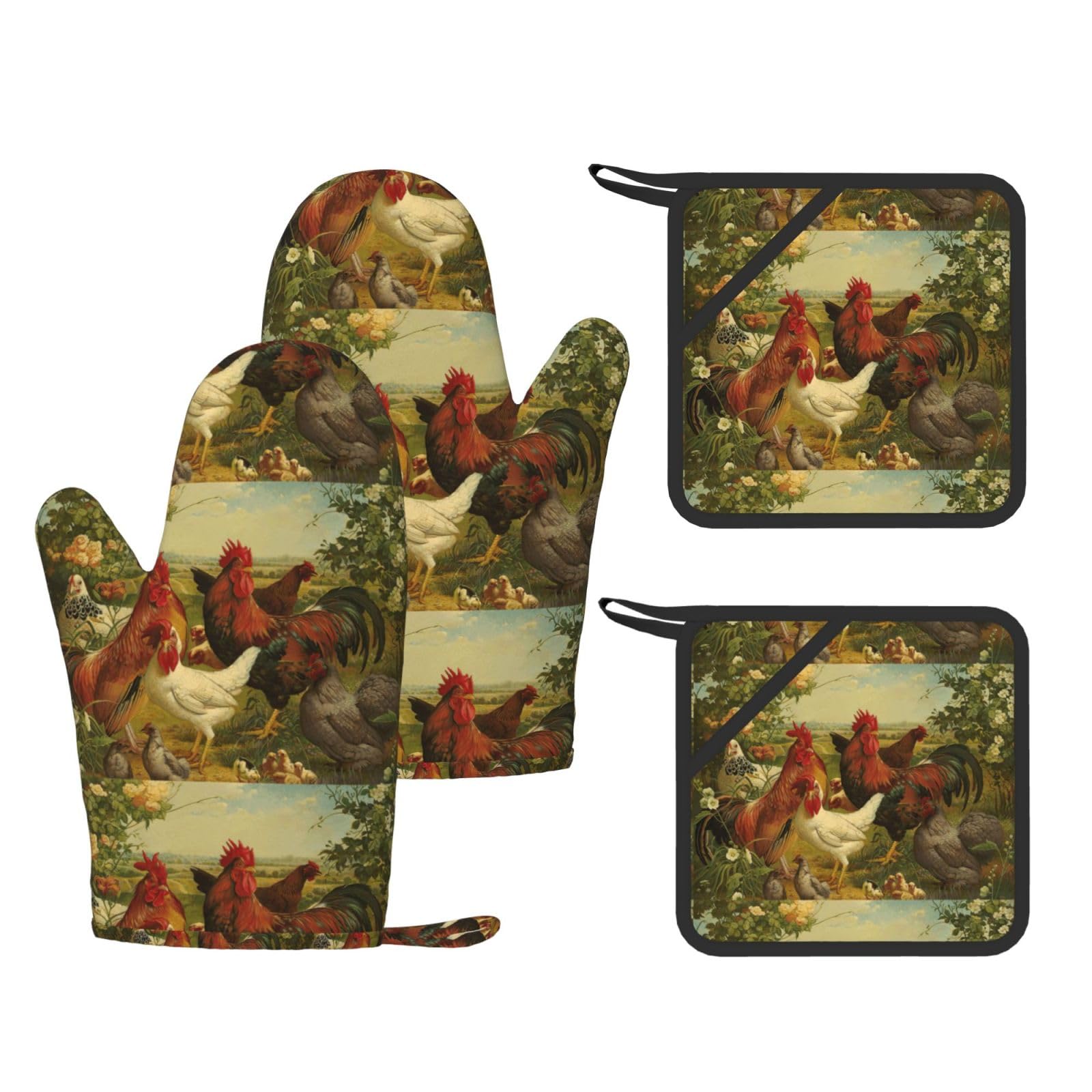 Chickens and Farm Printed Oven Mitts and Pot Holders Set of 4, Heat Resistant Silicone Gloves for Baking Grilling