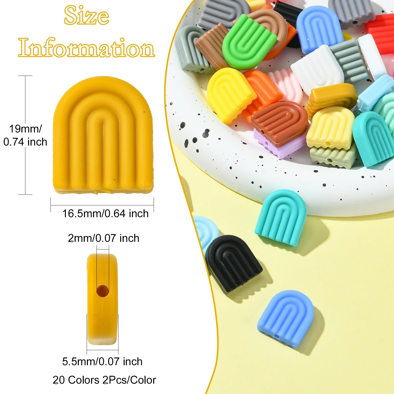 Stiesy 40 Pcs 20 Colours Arch Rainbow Silicone Focal Beads for Keychain Making Random Mixed Colour Flat Rainbow Shape Spacer Beads Silicone Beads for Jewellry Making Bracelet Necklace Handmade Crafts - Image 2
