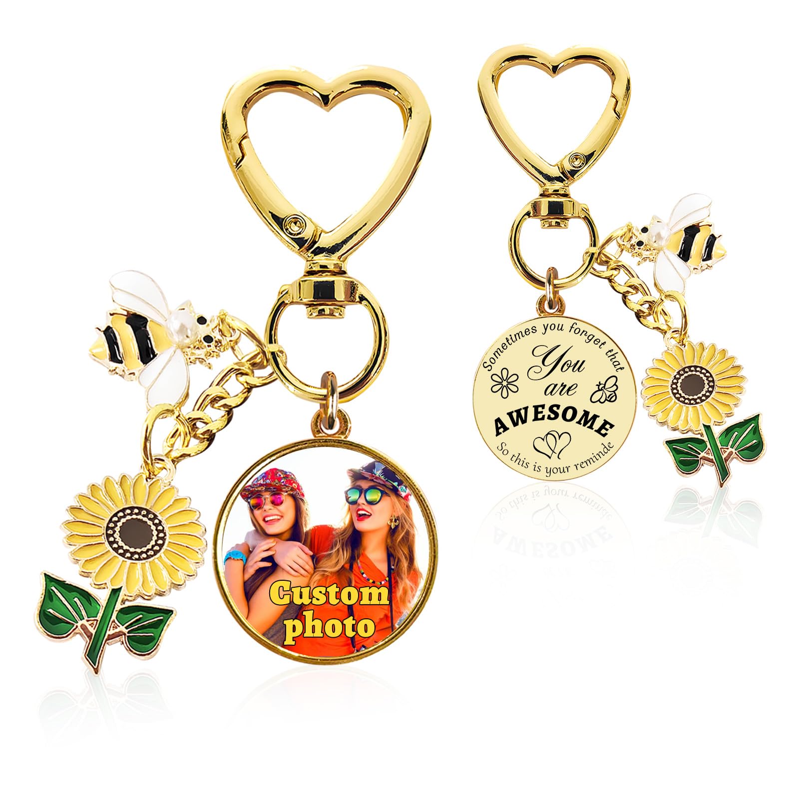 QSZ Custom Motivational Sunflower Bag Charms with Picture Text Personalized Sunflower Bee Keychain Gift for Women Girls (Circle)
