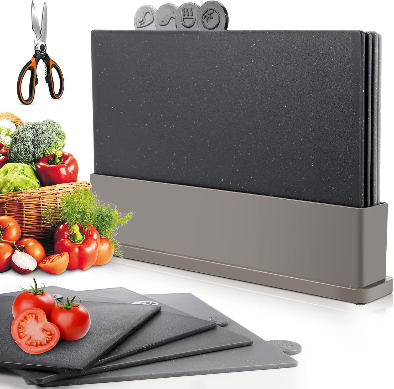 Almcmy Index Cutting Boards, 4-Pieces Plastic Cutting Board with Storage Stand, Chopping Boards with Food Icons & 1 Extra Scissors, BPA-Free, Dishwasher Safe, Cutting Boards for Kitchen, 12.6