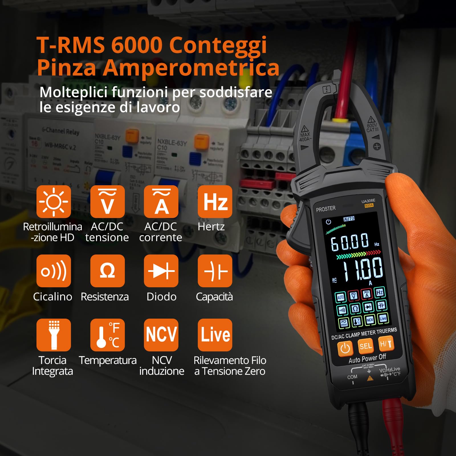 Proster Pinza Amperometrica Intelligente a Nero Auto-Ranging 800 AC/DC Tensione e Corrente 6000 Conti Test di Resistenza Diodo Capacitanza Temperatura 10MHz LIVE NCV con Display Analogico a Barre
