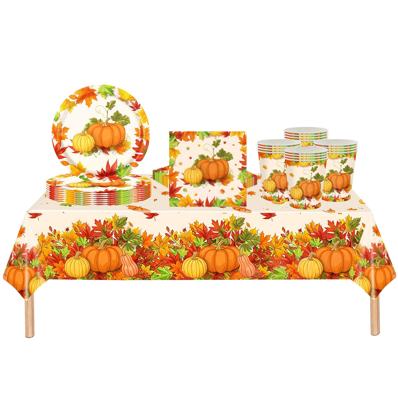 53Pcs Christmas Party Tableware Set for Table Decor,Maple Pumpkin 137x274cm Large Plastic Tablecloth Thanksgiving Day Party Paper Plates Cups Napkins Dinnerware Set for Thanksgiving Favor Tableware