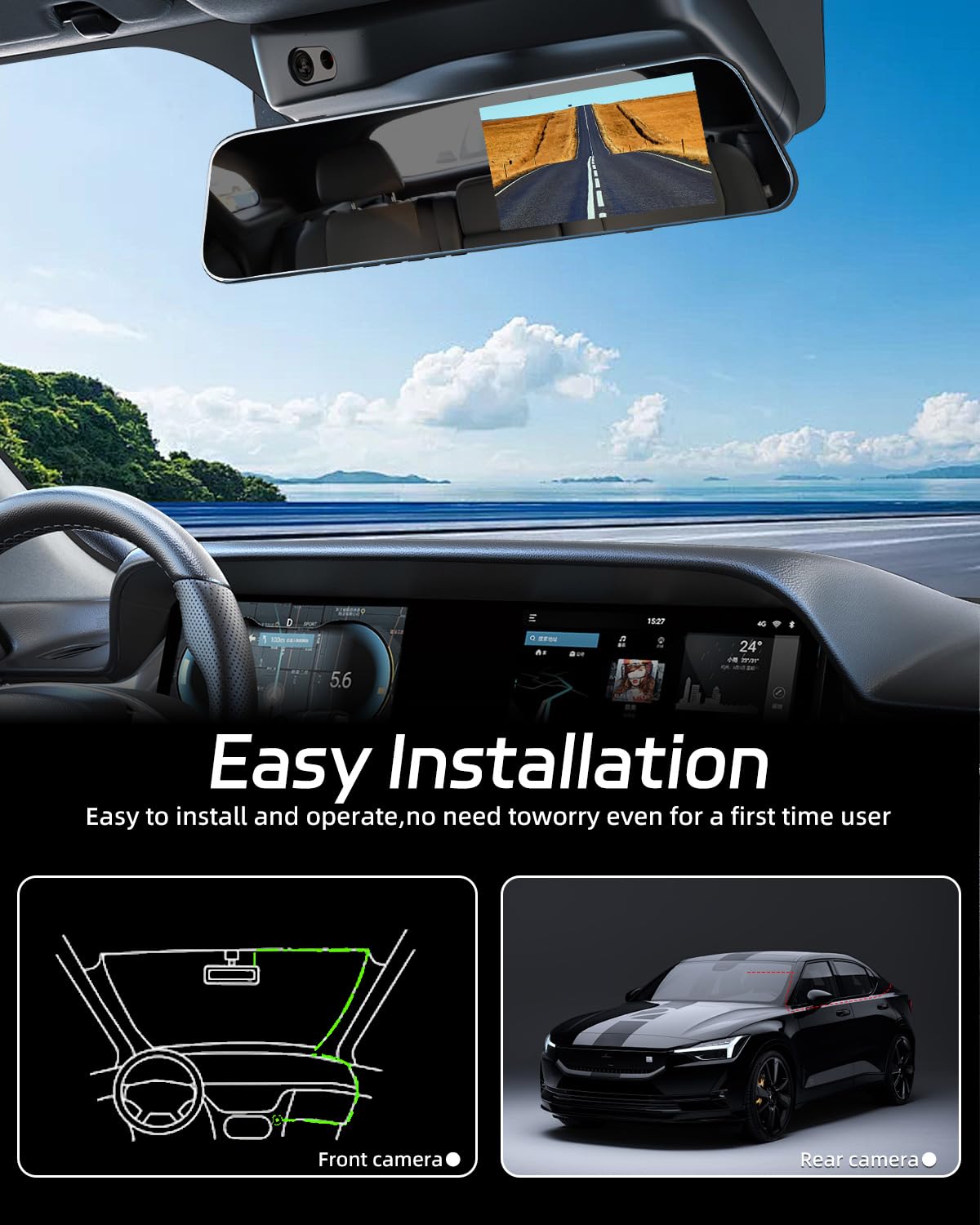 NHOPEEW Mirror Dash Cam 4,7 pollici 720P Doppia telecamera frontale e posteriore - Super visione notturna/Registrazione in loop/Compensazione dell'esposizione - Telecamera di backup per auto