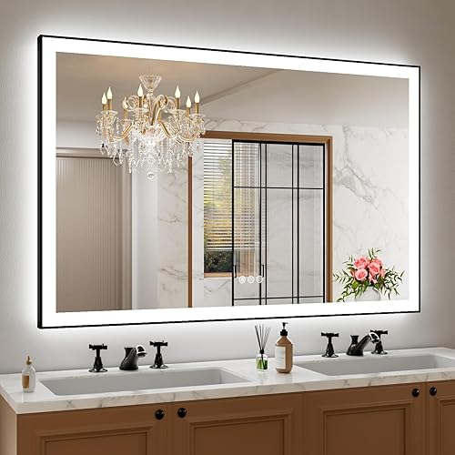 Miniatura 1 de Amorho Espejo de baño LED de 55 x 36 pulgadas con marco negro, luz frontal y retroiluminación (controlada por separado), regulable continuamente,