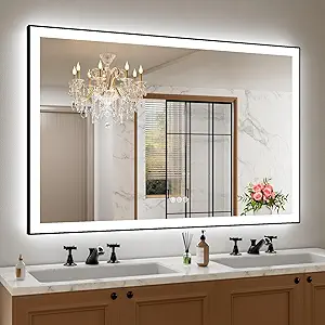 Amorho 55" X40" LED Bathroom Mirror with Black Frame, Front Light and Backlit(Controlled Separately), Stepless Dimmable, Anti-Fog, Shatter-Proof, 3 Colors, Memory