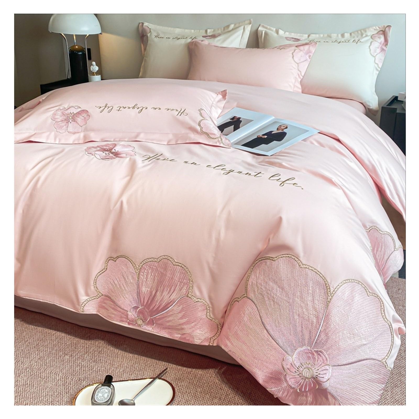 Housse de couette parure de lit 4 pièces coton rose lit 1.8m 200x230cm