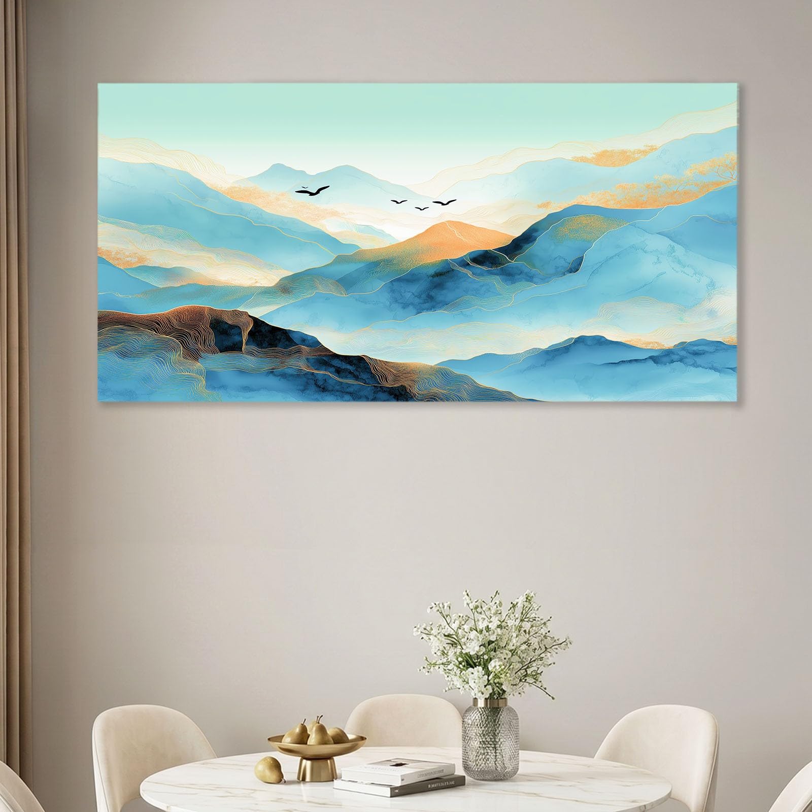 Leinwandbild 100 x 70 cm Leinwandbilder mit Abstrakt, Bild auf Leinwand - Kunstdruck auf Canvas, Bilder Wanddeko für Wohnzimmer, Schlafzimmer, Esszimmer, Berge Vogel Landschaft Blau