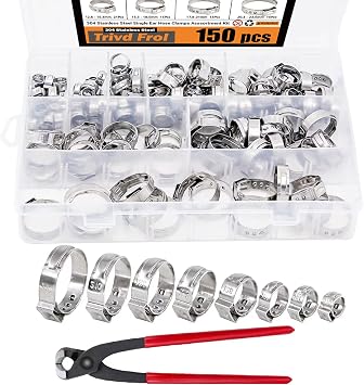 150Pcs 304 Stainless Steel Single Ear Hose Clamp with Ear Clamp Pincer, 6-23.5mm Crimp Hose Clamp Assortment Kit Cinch Rings Crimp Pinch Tools Perfect for Automotive, Home Appliance Line and Plumbing