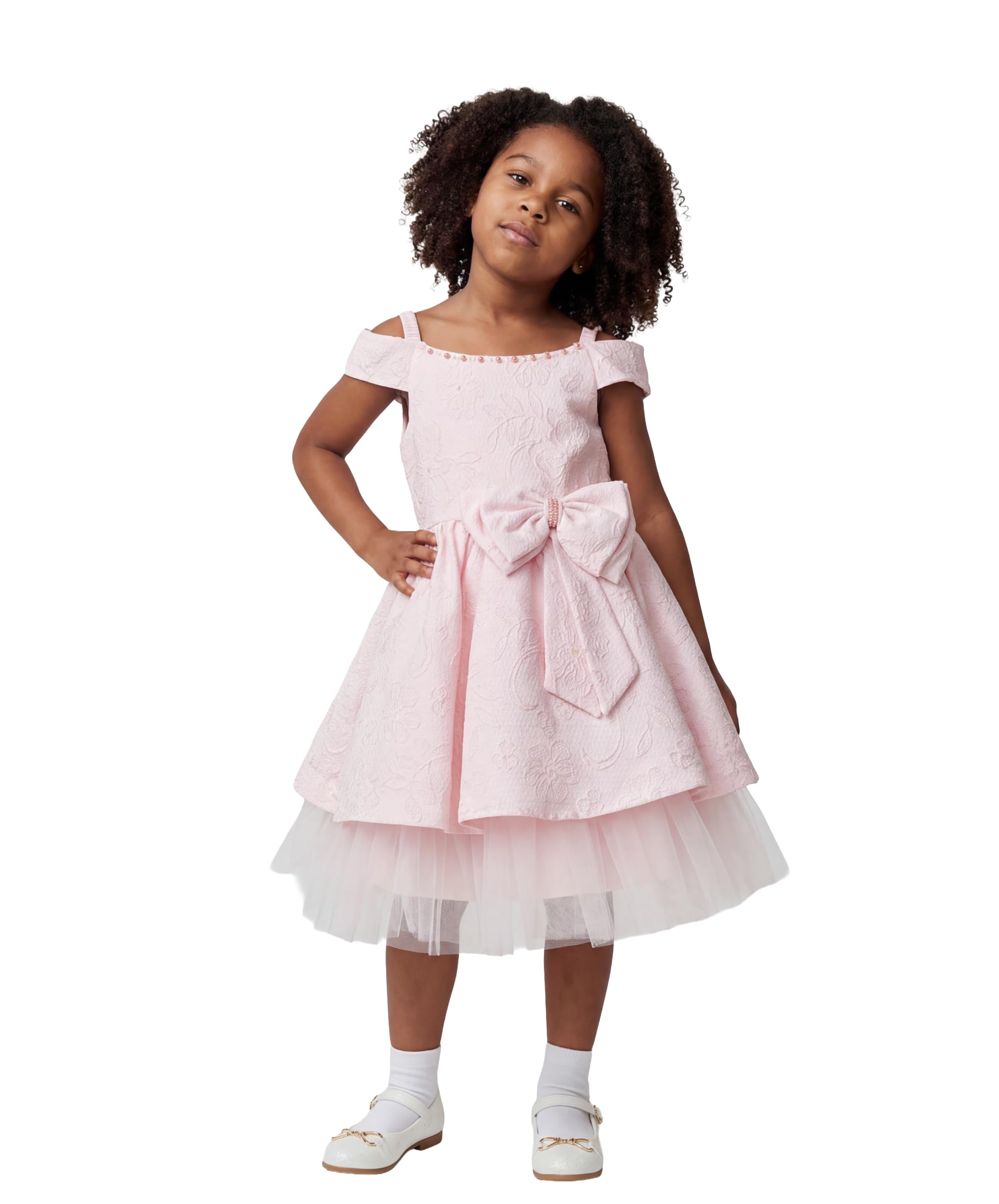 SIRRI Abito da Festa Rosa Jacquard per Bambina con Fiocco, Maniche a Spalle Scoperte e Gonna in Tulle, età 2-9 Anni
