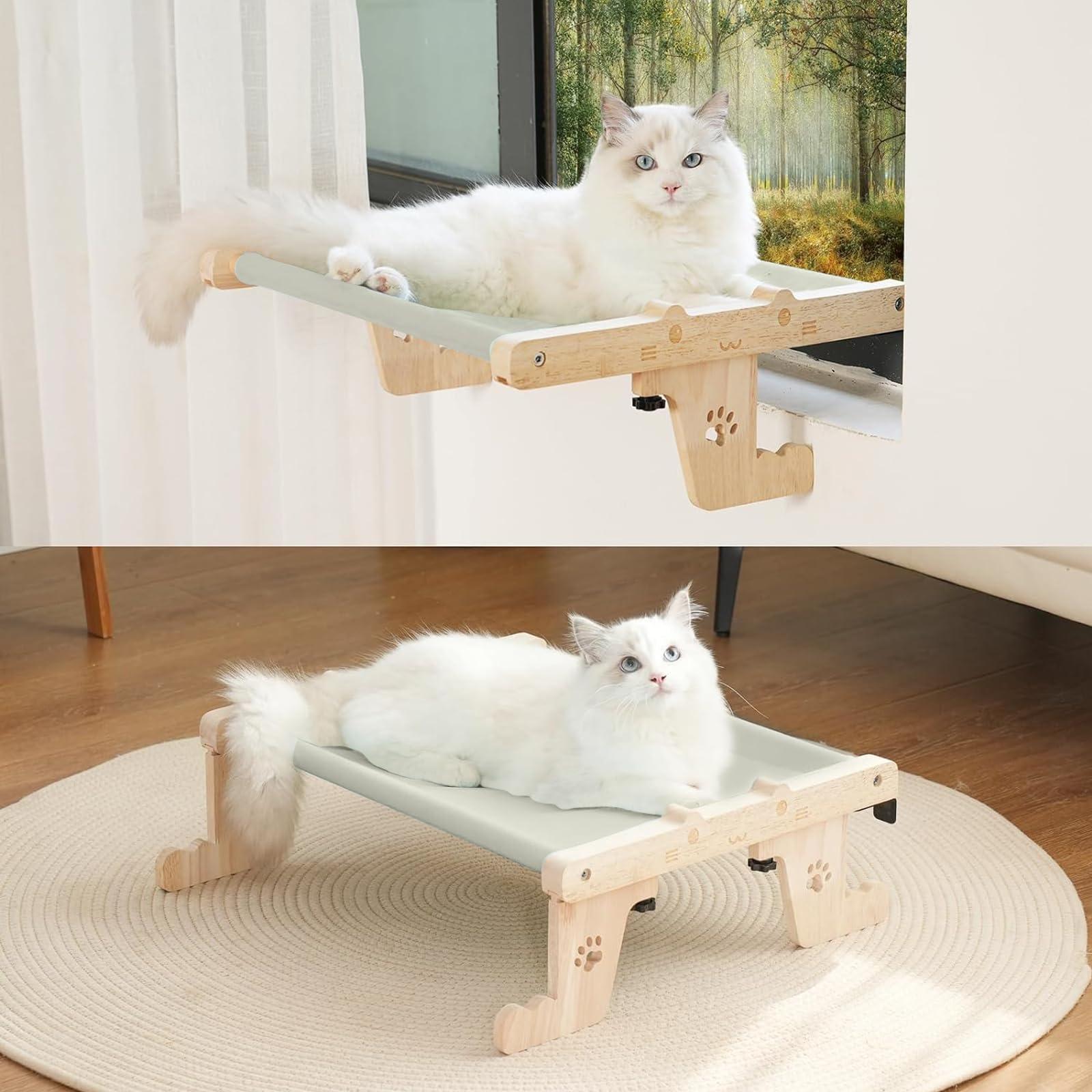 Hamaca de Madera para Gatos con Ventana, Hamaca para Gatos 2 en 1, Resistente Hamaca para Gatos Grandes, Cama fácil de Ajustar para Alféizares de Ventanas, Mesitas de Noche, Cajones y Armarios